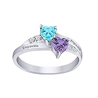 10K Gold Two Heart Birthstones Ring for Women Engraved Family Name Simulated Diamonds Ring Personalized for Her Mother