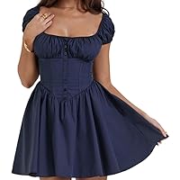 Women's Casual Party Mini Dress Elegant Square Neck Color Block Summer Babydoll High Waist Dress with Buttons
