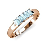 Emerald Cut Aquamarine 1 1/3 ctw 5 Stone Side Gallery Women Thick Shank Wedding Band Stackable 14K Gold