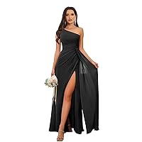VCCICANY Black Long Chiffon One Shoulder Bridesmaid Dresses with Slit Corset Open Back Formal Gown Size 16