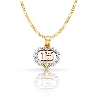 14K Two Tone Gold Sweet 15 Years Quinceanera Heart Cubic Zirconia CZ Charm Pendant with 1.2mm Figaro 3+1 Chain Necklace