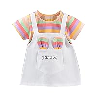 Summer New Rainbow Striped Short Sleeved Round Neck Cute Cartoon Fashion Girl Dress Dresses