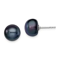 Sterling Silver Rh-plated 9-10mm Black FWC Button Pearl Earrings QE12669