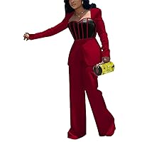 Womens Sexy Long Sleeve Wrapped Chest Hit Color Stitching Casual Jumpsuit Rompers Overalls
