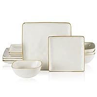 Famiware Dinnerware Sets for 4, Ocean Square 12-Piece Kitchen Plates and Bowls Sets, Microwave and Dishwasher Safe, Scratch Resistant, Vanilla White