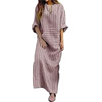 Summer Long Dress Cotton Linen Casual Dresses Women Striped Loose Sundress Vacation Clothes for