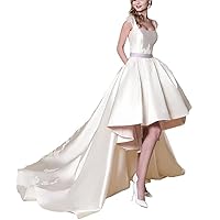 PEYNIR high Low Beach Wedding Dress for Bride Lace Appliques Bridal Gown Prom Dresses with Detachable Train