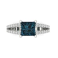 Clara Pucci 2.39ct Princess Cut Solitaire with Accent split shank Natural London Blue Topaz gemstone designer Modern Ring 14k White Gold