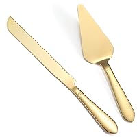 Cake Cutting Set for Wedding, Elegant Knife and Server with Thickened Stainless Steel Rounded Edges, Cutter Pie Spatula Birthday Anniversary Christmas Gift of 2, Gold
