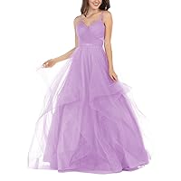 Women's V-Neck Long Glitter Tulle Spaghetti Prom Ball Gowns 12 Lilac
