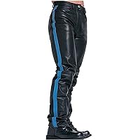 Men's Hot Style Real Black Cow Leather with Colour Strips Pants Sleek & Sexy Jeans Motorcycle Biker Trouser