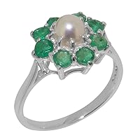 Solid 925 Sterling Silver Cultured Pearl & Emerald Womens Cluster Ring - Sizes 4 to 12 Available