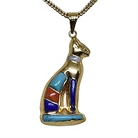 Egyptian jewelry pendant, Egyptian goddess Bastet 18K yellow Gold, multi colors gemstone, Pharaonic style, 3.52 Gr handmade in egypt m11