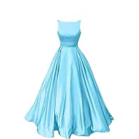 Women's Scoop Neckline Satin Backless Evening Dress Sleeveless Beaded Long Prom Dress Sky Blue