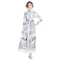 Summer Runway Vintage Print Collar Bow Tie Scarf Long Sleeve Women Ladies Casual Party Holiday Vacation Maxi Dresses