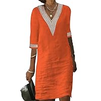Loose Half Sleeve Linen Dress for Women Casual V Neck Solid Lace Trim Linen Midi Dress