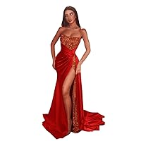 Women's Sparkly Sequin Prom Dresses Mermaid Slit Bridesmaid Dress Long Satin Evening Party Gowns