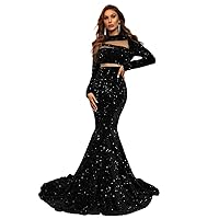 Womens Fall Fashion 2022 Mock Neck Mesh Panel Sequin Prom Dress (Color : Black, Size : X-Small)