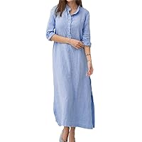Women Elegant Long Maxi Shirt Dress Summer Cotton Linen Mandarin Collar Party Dresses Vintage Pockets Loose Dress