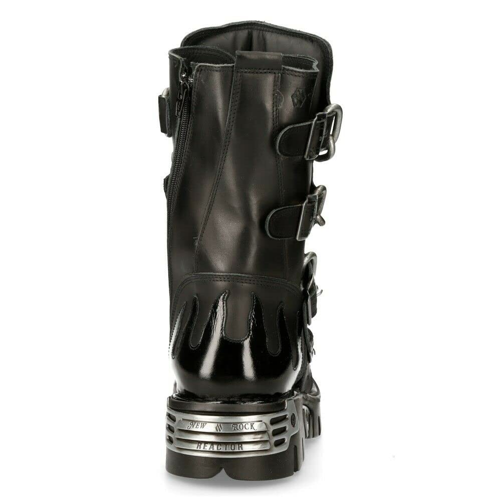 New Rock Men's 727-S1 Metallic Black Leather Spikes Gothic Mid Calf Punk Rock Boots