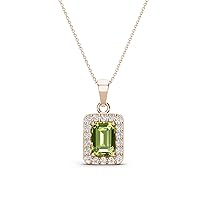 Emerald Cut Peridot Round Diamond 3/4 ctw Womens Halo Pendant Necklace 16 Inches Chain 14K Gold
