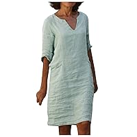 Dresses for Women 2024 Retro Dress Casual V Neck Short Sleeve Dress Spring Solid Color Dress with Side Pocket