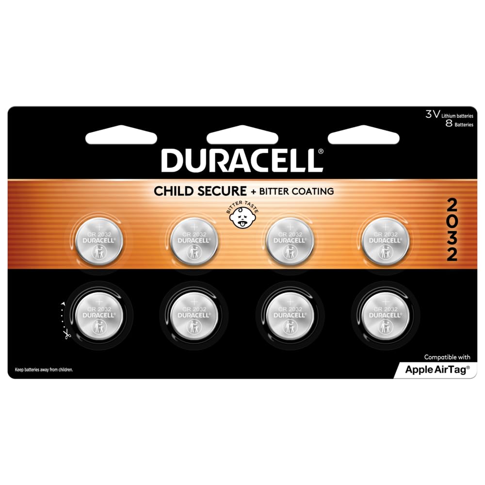 Duracell CR2032 3V Lithium Battery, Child Safety Features, 8 Count Pack, Lithium Coin Battery for Key Fob, Car Remote, Glucose Monitor, CR Lithium 3 Volt Cell