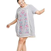 Women's Striped Floral Embroidered Bohemain Short Sleeve Dress