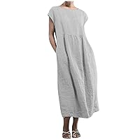 Women Cotton Linen Elegant Plain Maxi Dress Summer Lounge Loose Fit Vintage Cap Sleeve Round Neck A-Line Dresses