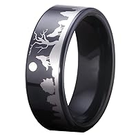 8MM Width Black Pipe Howling Wolves Ring Forest Landscap Ring Hunter Wolf Ring Tungsten Ring - Free Engraving Inside