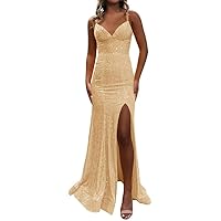 Sequin Prom Dresses 2024 Mermaid Evening Gowns with Slit V Neck Sparkly Homecoming Dresses Long