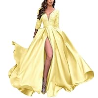 Long Sleeve Laces Prom Dress Satin V-Neck Formal Dresses with Slit A Line Wedding Evening Party Gowns