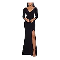 Betsy & Adam Womens Solid Puff-Sleeve V-Neck Gown Dress, Black, 6