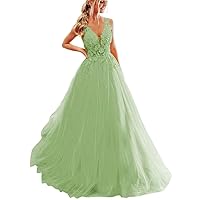Tulle Lace Applique Prom Dresses for Women Ball Gown 2023 Long V Neck A Line Formal Evening Party Gowns