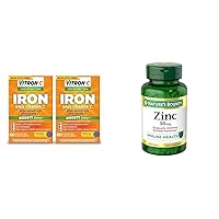 Vitron-C Iron Supplement, Once Daily, High Potency Iron Plus Vitamin C & Nature's Bounty Zinc 50mg, Immune Support & Antioxidant Supplement, Promotes Skin Health 250 Caplets