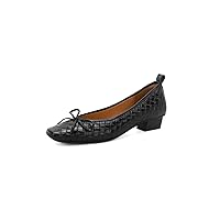 TinaCus Embossed Genuine Leather Women's Square Toe Handmade Bowtie Low Chunky Heels Casual Loafers Shoes