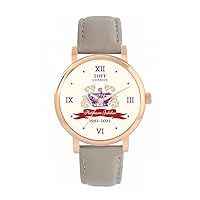 Queen's Platinum Jubilee Crown Watch 2022 for Women, Analogue Display, Japanese Quartz Movement Watch with Beige Leather Strap, Custom Made