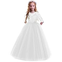 Flower Girls Long Floral Boho Lace Wedding Bridesmaid Dress 3/4 Sleeves Princess Puffy Maxi Tulle Pageant Formal Party Gowns