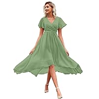 Short Bridesmaid Dresses for Women V Neck Pleated Chiffon High Low Formal Dress for Evening Party with Pockets