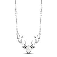 0.60 Cts Pearl Gemstone 925 Sterling Silver Realistic Stag Head Face Chain Necklace Animal Charm Pendant Necklace (18 Inch Chain)