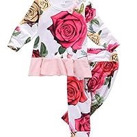 Baby Girls 2-Piece Rose Printed Outfits Long Sleeve Top & Pants Clothes Set