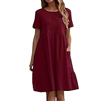 Casual Short Sleeve Summer Dresses for Women 2024 Cotton Linen Pleated Swing Dress Flowy T Shirt Dresses with Pockets