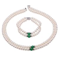 Pearl Necklace Bracelet Set Elegant Double Strands White Pearl Necklace Bracelet dotted Aventurine Jade
