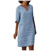 Dresses for Women 2024 Retro Dress Casual V Neck Short Sleeve Dress Spring Solid Color Dress with Side Pocket