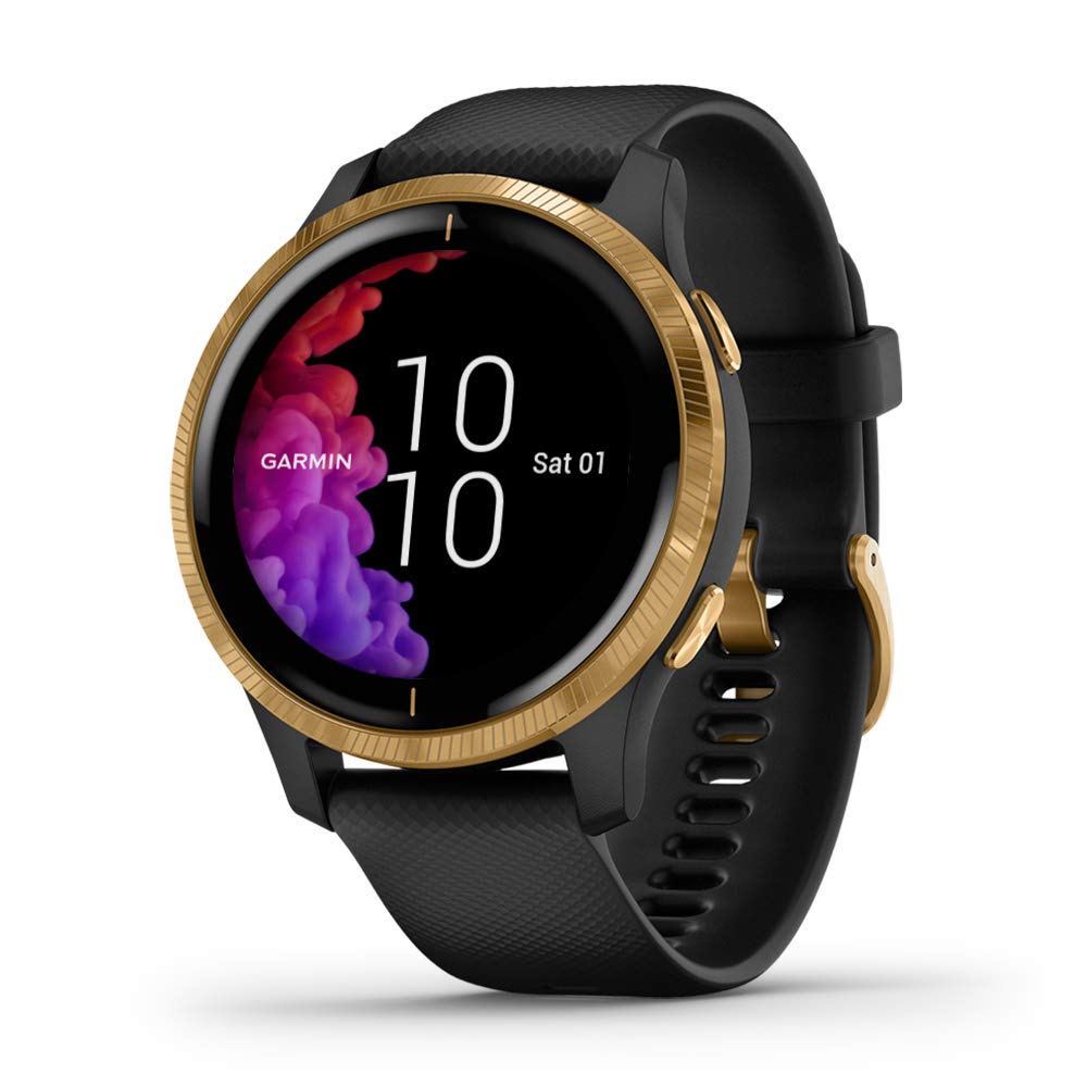 Garmin 010-02173-31 Venu, GPS Smartwatch, Bright Touchscreen Display, Features Music, Body Energy Monitoring, Animated Workouts, Pulse Ox Sensor and More, Gold with Black Band