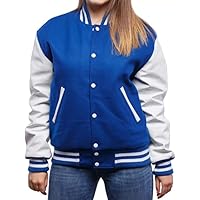 Zaine Enterprises Women's Varsity Jacket Letterman Bomber School of Royal Blue Wool and Genuine White Leather Sleeves