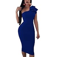 Mokoru Women's Sexy Ruffle One Shoulder Bodycon Elegant Cocktail Party Midi Dresses