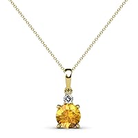 Round Citrine & Diamond 3/4 ctw Womens Two Stone Pendant Necklace 18 Inches 14K Yellow Gold Chain