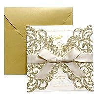 Luxury Gold Glitter Wedding Invitations by Picky Bride, 25Pcs Golden Invitation Cards for Wedding/Bridal Shower/Birthday/Save The Date 150 x 150mm Envelope Included - Pack of 25