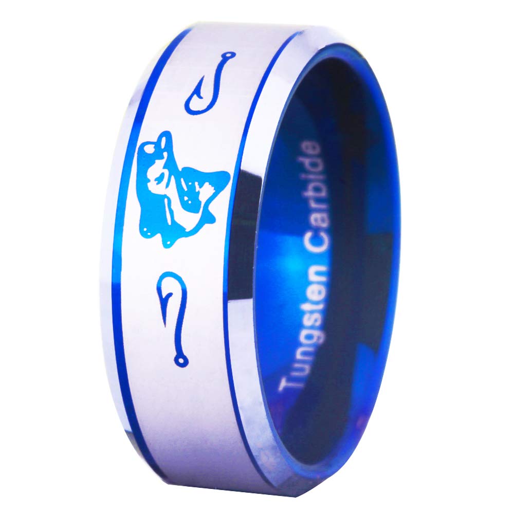 FREE Custom Engraving Blue Tungsten Wedding Bands Bass Ring Fishing Ring Fish Hooks Ring Hunting Ring